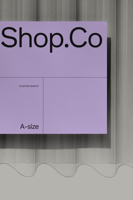 Minimalist poster mockup with purple overlay and elegant typography hanging against a textured curtain, ideal for presentations and branding.